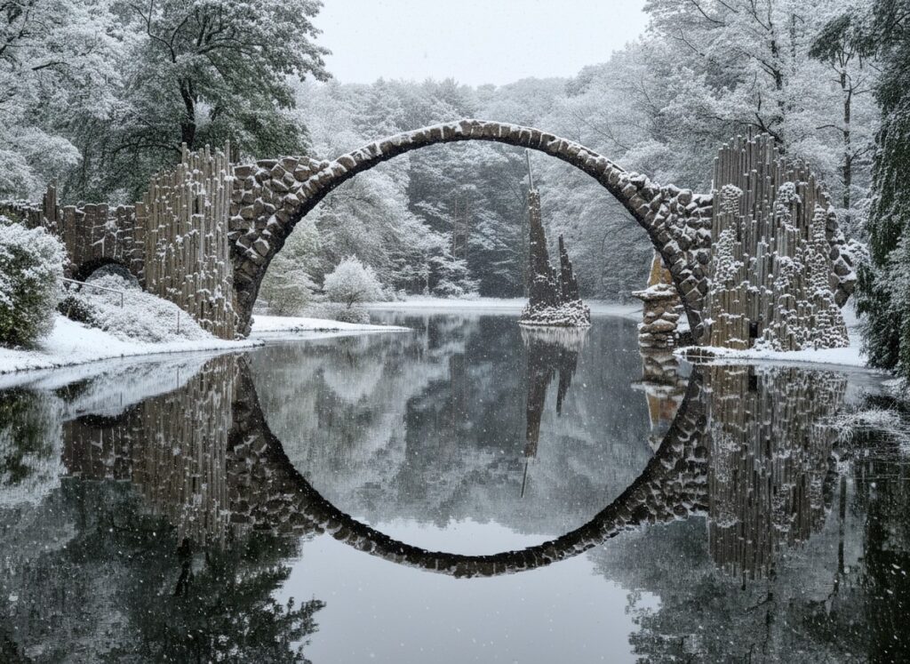 Rakotzbrücke Foto im Winter - wenn es frisch geschneit hat