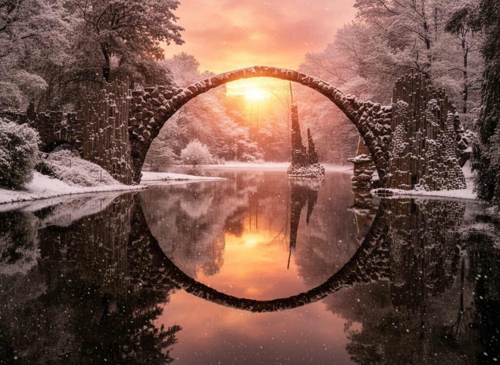 Rakotzbrücke Winter - zum Sonnenaufgang